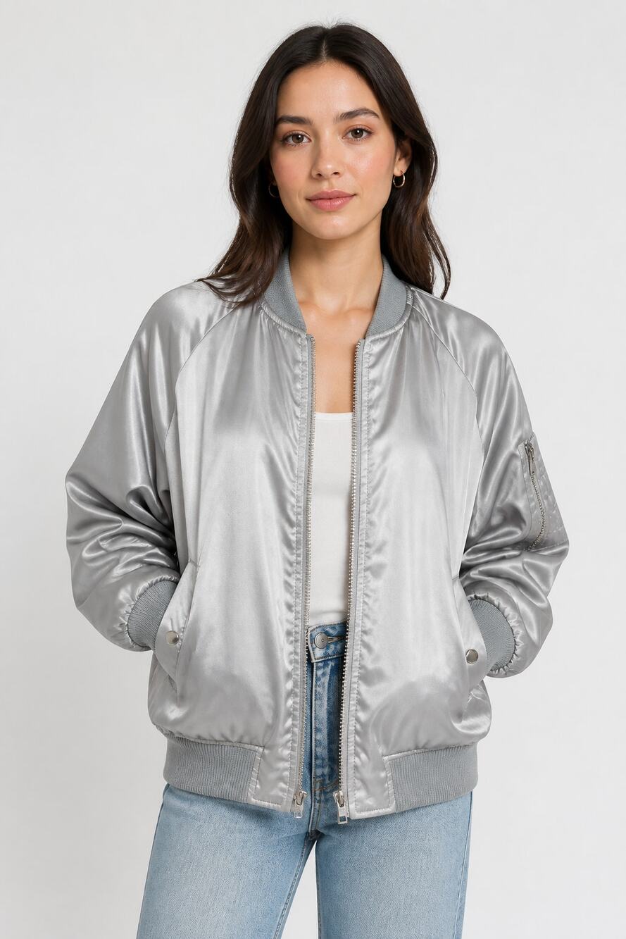 UNIF x Urban Outfitters Silver Satin Bomber Jacket M
